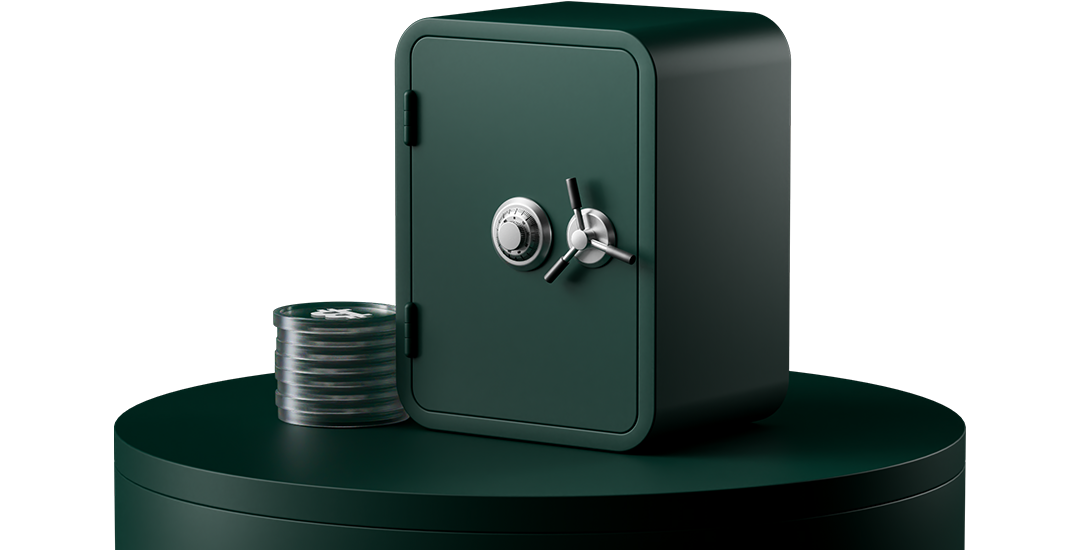 A dark green safe with a combination lock and handle, placed on a round platform, next to a stack of coins.