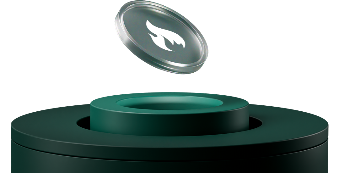 A dark green cylindrical container with a transparent lid featuring a white flame logo, shown in mid-air above the container.