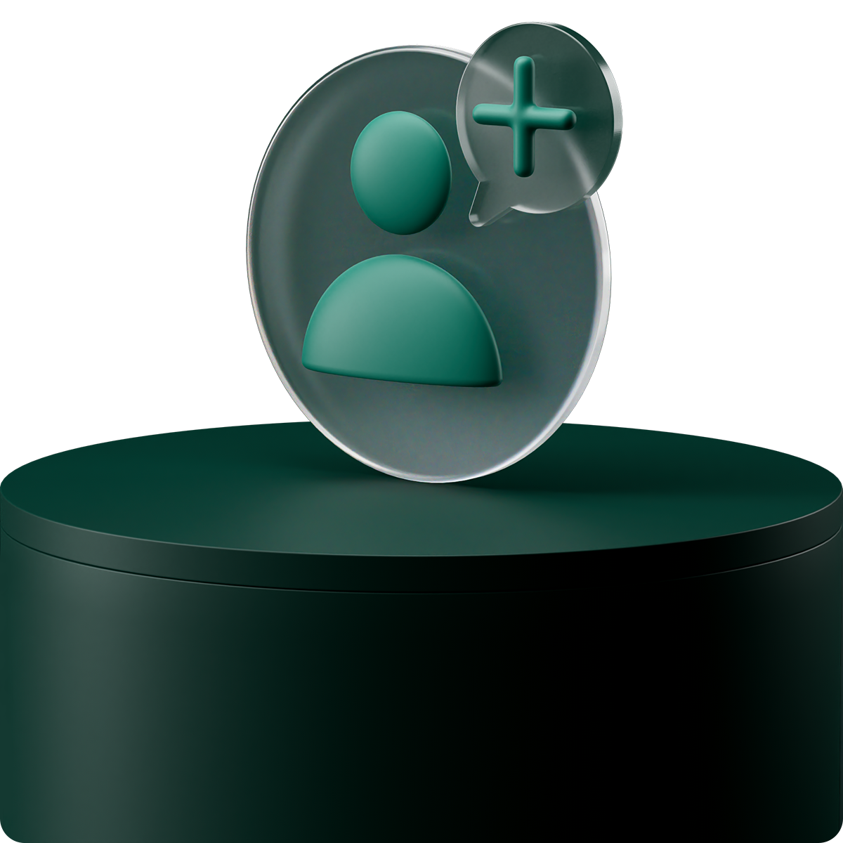 3D icon of a person symbol with a plus sign in a speech bubble, on a dark green cylindrical platform.