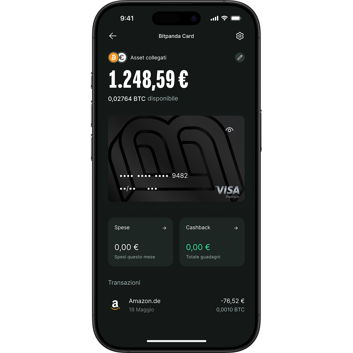 Smartphone screen displaying a Bitpanda card app with linked assets, balance in euros and BTC, expenses, cashback, and recent transactions.