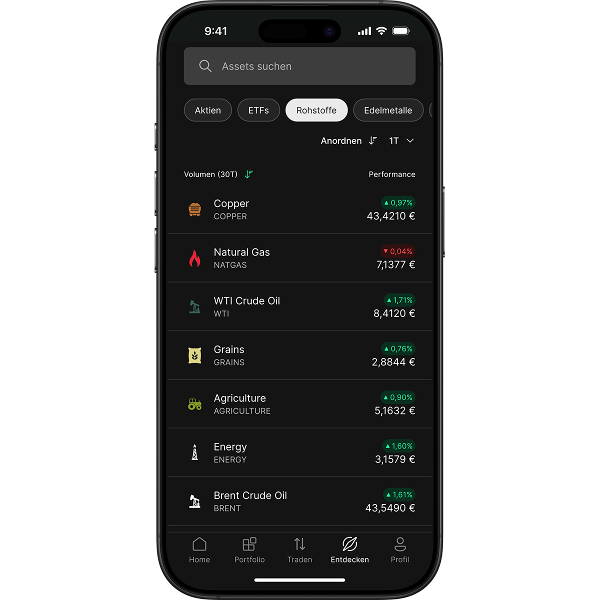 Smartphone displaying a financial app interface with commodities data, including copper, natural gas, and crude oil prices, and performance indicators.