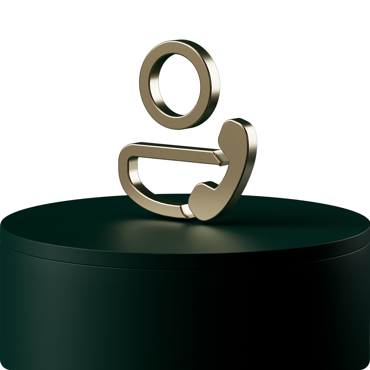 Gold abstract figure resembling a person on a dark green pedestal, set against a black background.