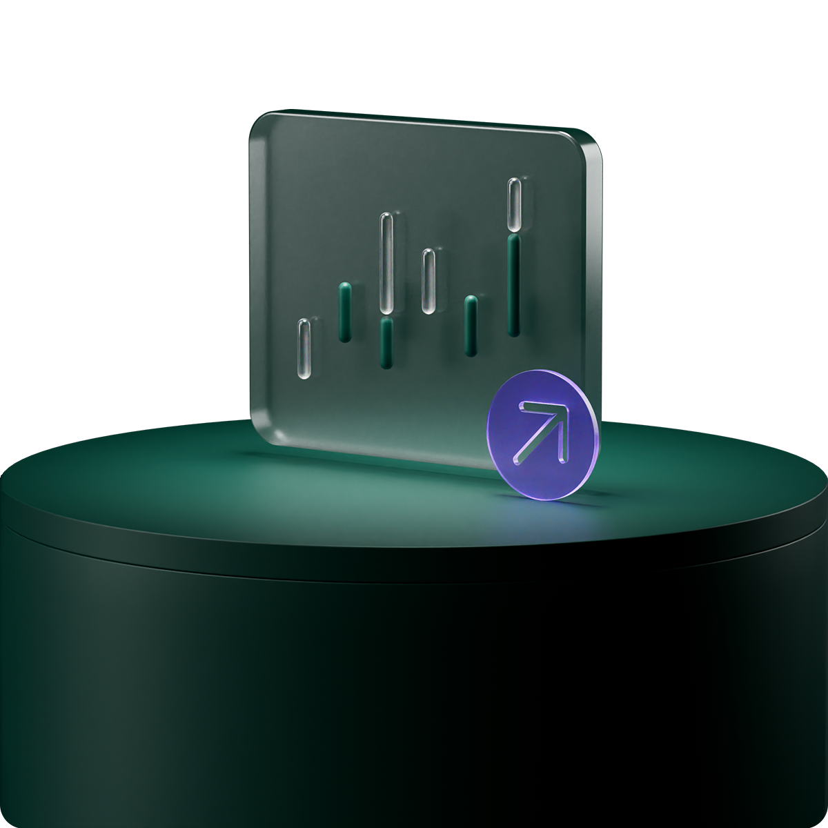 A 3D icon of a chart with vertical bars and an upward arrow, placed on a dark green cylindrical podium.