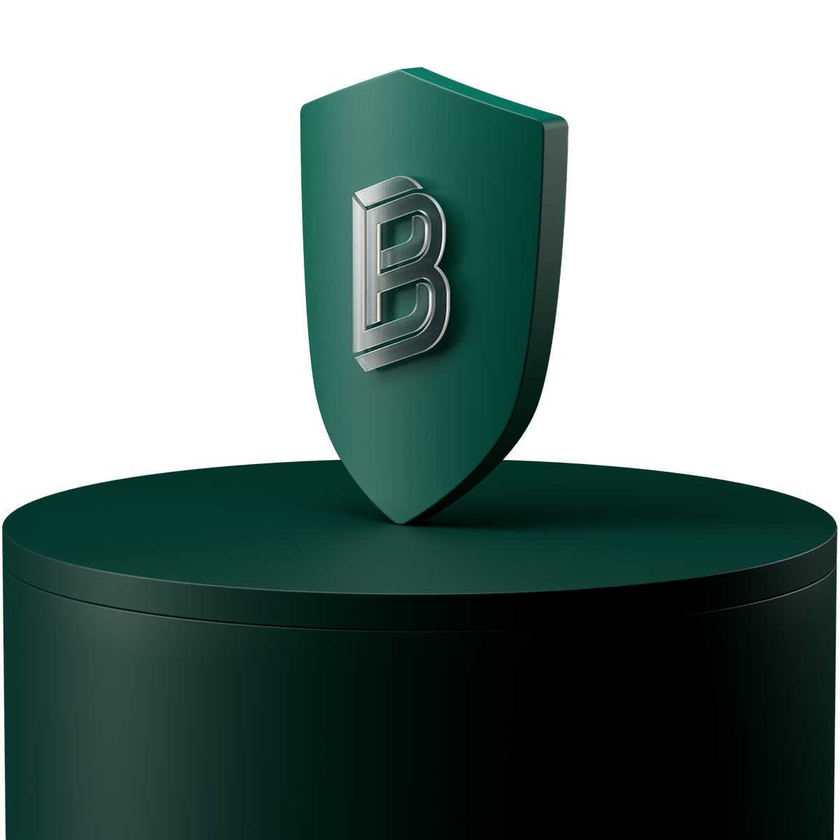 Green shield with a silver letter "B" on a matching cylindrical pedestal, set against a dark background.