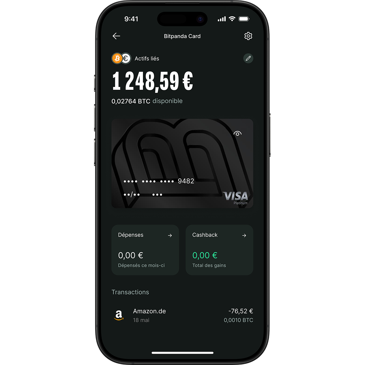 Smartphone screen displaying a Bitpanda card app with linked assets, balance in euros and BTC, expenses, cashback, and recent transactions.