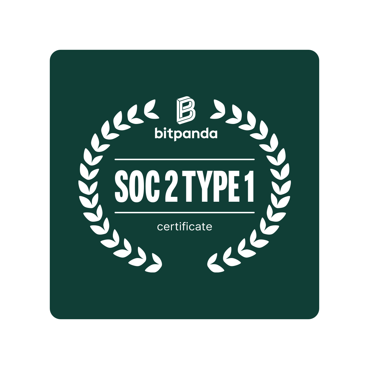 Bitpanda SOC 2 Type 1 certificate logo with a laurel wreath design on a dark green background.