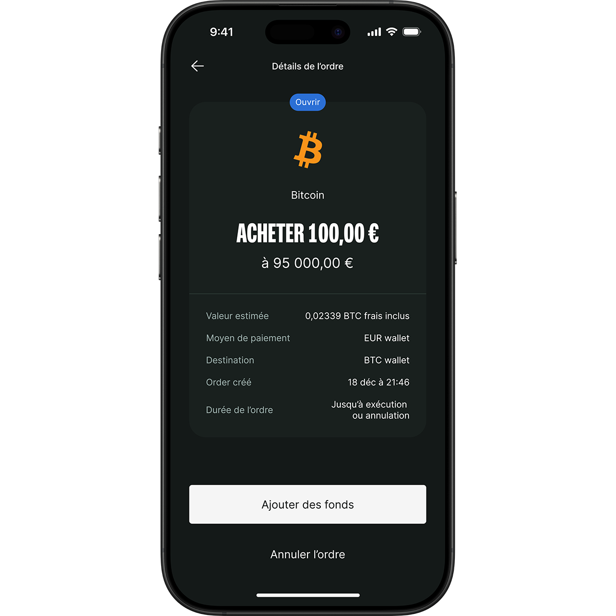 Smartphone screen showing a Bitcoin purchase order for 100,00 € at 95,000.00 €, with options to fund wallet or cancel order.