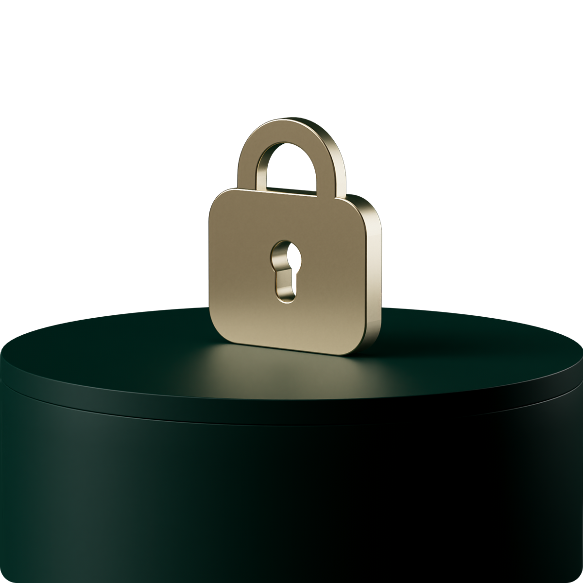 A gold padlock standing upright on a dark green circular platform against a black background, symbolizing security and protection.