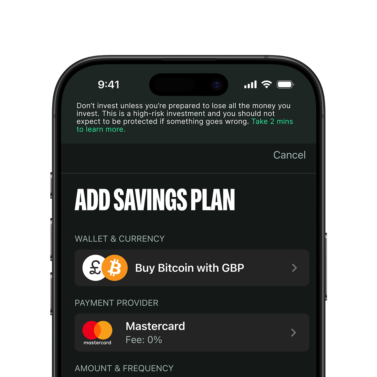 Smartphone screen displaying a financial app with options to buy Bitcoin with GBP and pay via Mastercard. Warning about investment risks is shown.