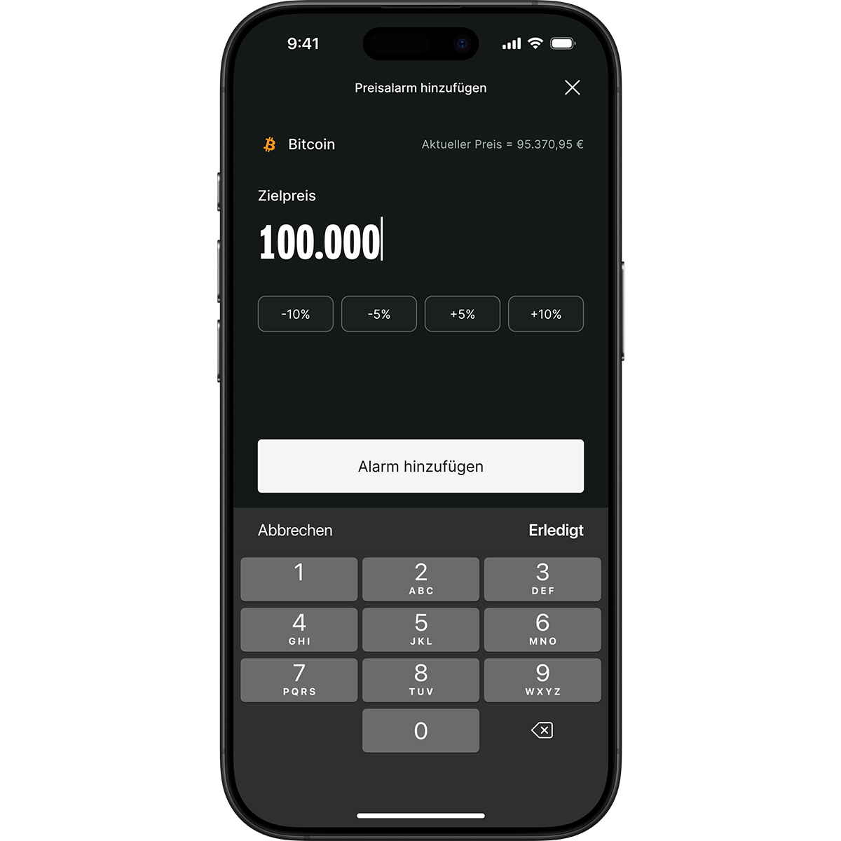 phone screen showing target price bitcoin
