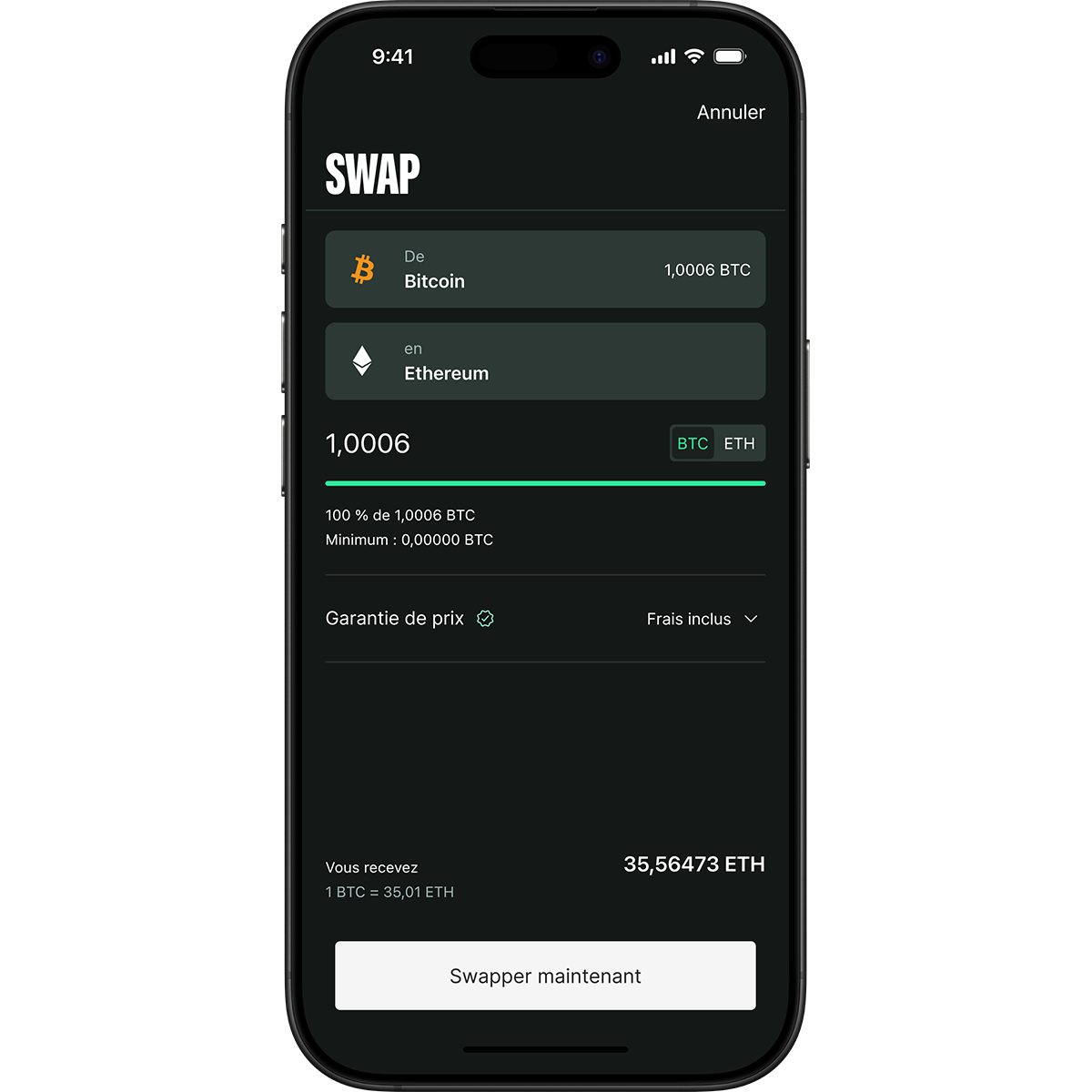 Smartphone screen displaying a cryptocurrency swap interface, showing 1.0006 BTC to Ethereum exchange with price guarantee and fees included.