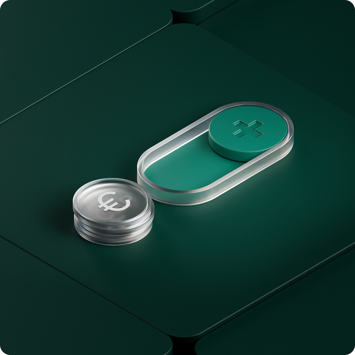 A clear coin with a Euro symbol next to a green, pill-shaped object with a plus sign, on a dark green geometric background.