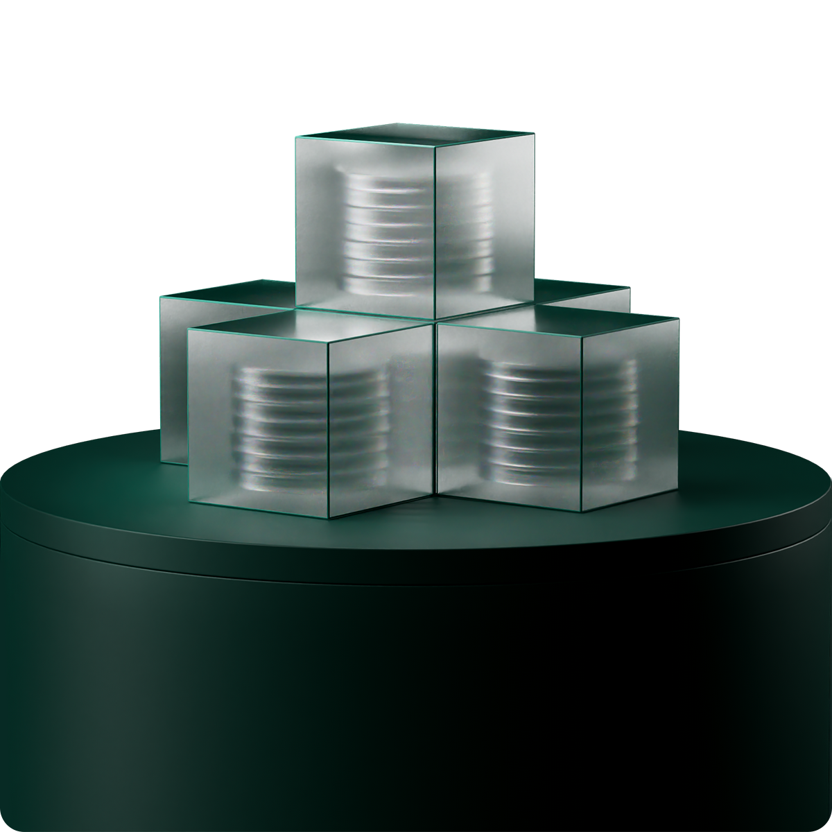 Transparent cubes stacked on a dark circular platform, each containing metallic discs, against a black background.