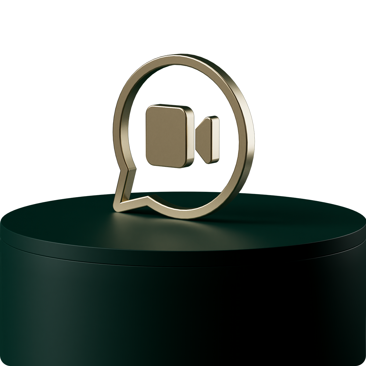 A gold video camera icon inside a speech bubble stands on a dark green cylindrical platform against a black background.