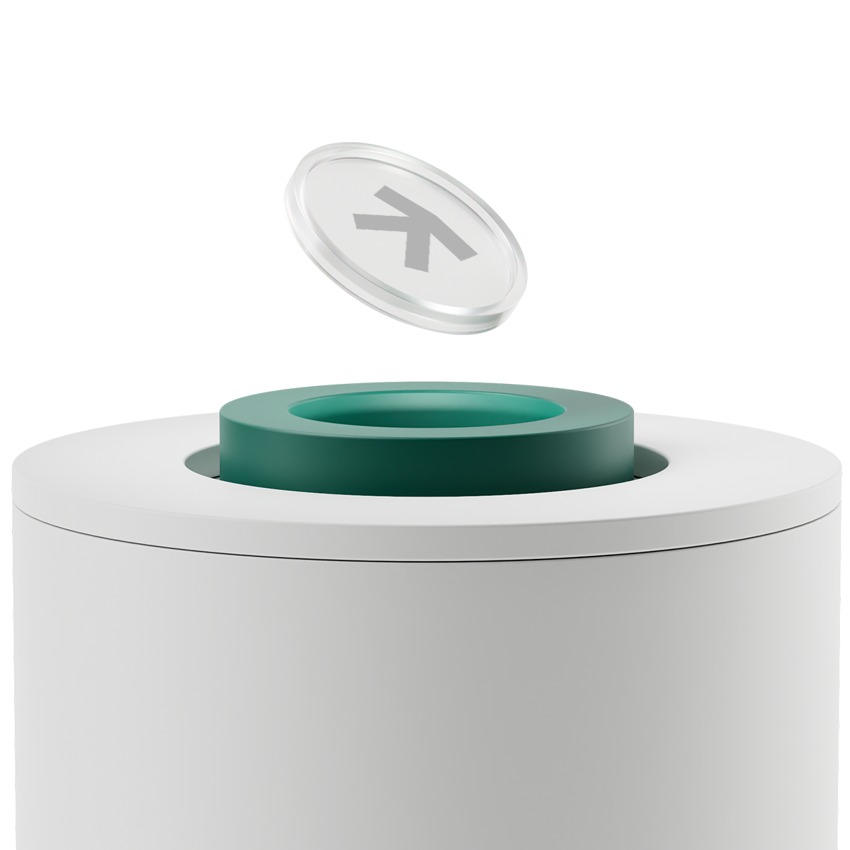 A cylindrical white container with a green rimmed opening, and a transparent lid with an arrow symbol, floating above it.
