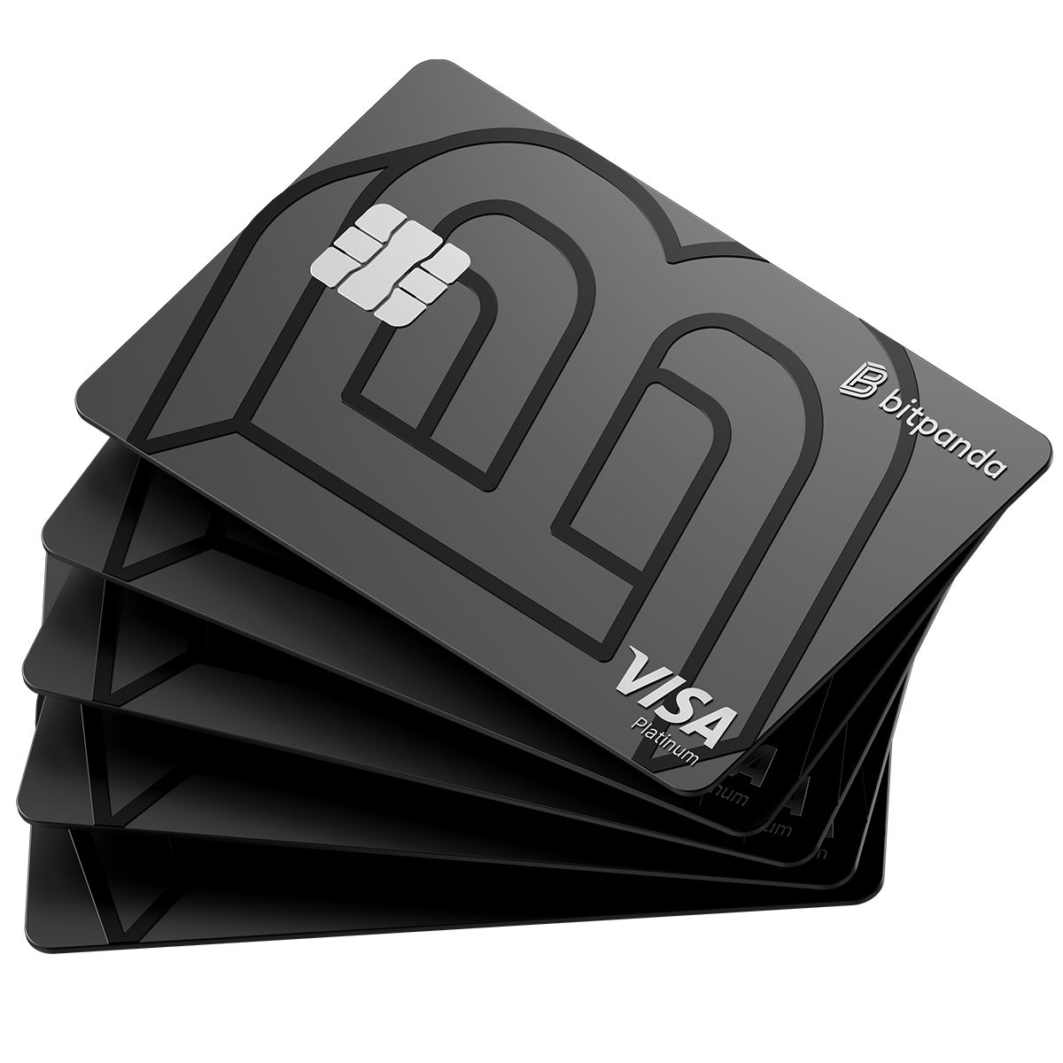Stack of sleek black Bitpanda Visa Platinum cards with a modern design, featuring the Bitpanda logo and a prominent chip.