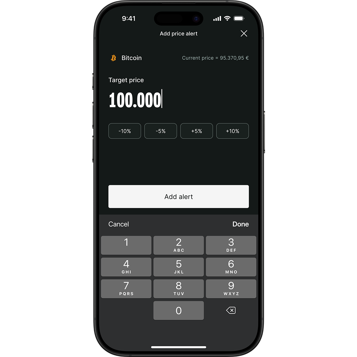 Smartphone screen displaying a Bitcoin price alert setup with a target price of 100,000 and current price at 95,370.95.