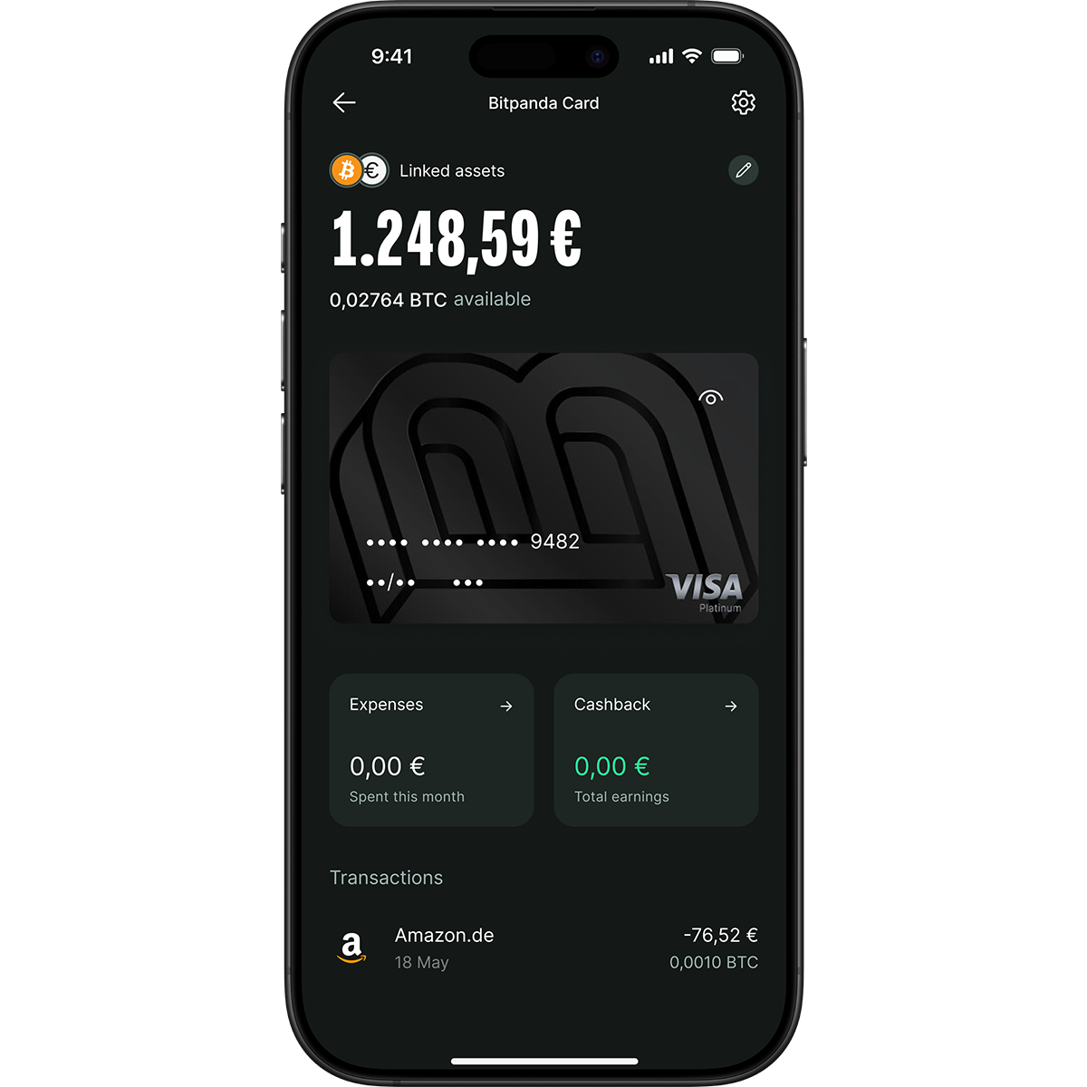 Smartphone screen displaying a financial app with a balance of €1,248.59, linked Bitcoin assets, and recent transactions, including Amazon.de.