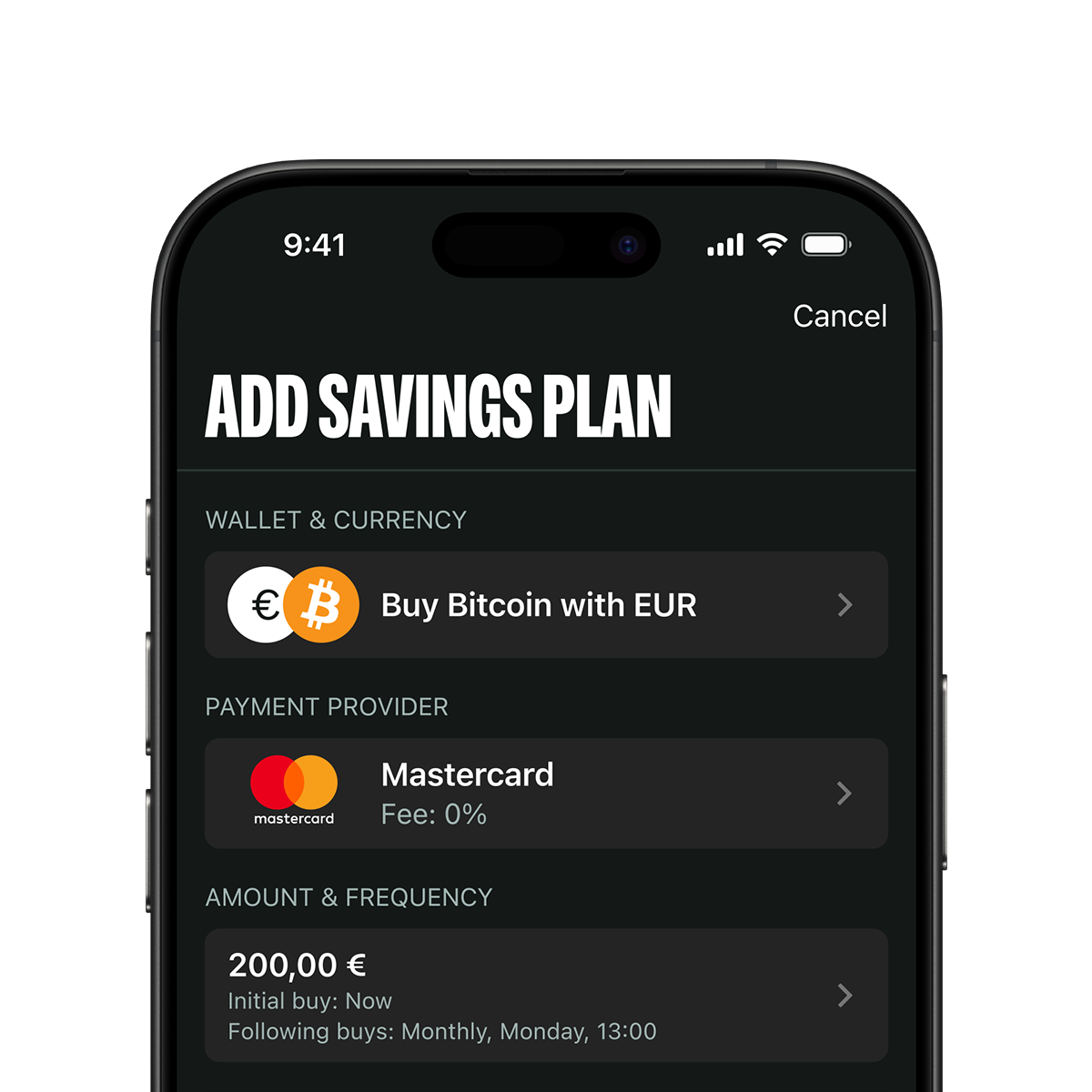 Smartphone screen showing a savings plan setup for buying Bitcoin with EUR via Mastercard. Initial buy of 200.00€, with monthly frequency.