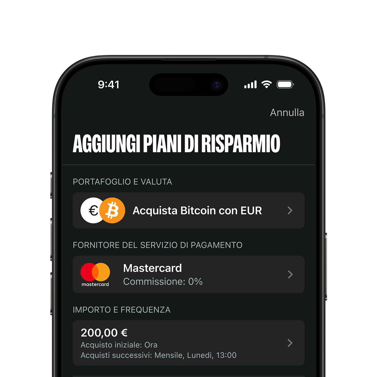 Smartphone screen showing a savings plan setup for buying Bitcoin with EUR via Mastercard. Initial buy of 200.00€, with monthly frequency.