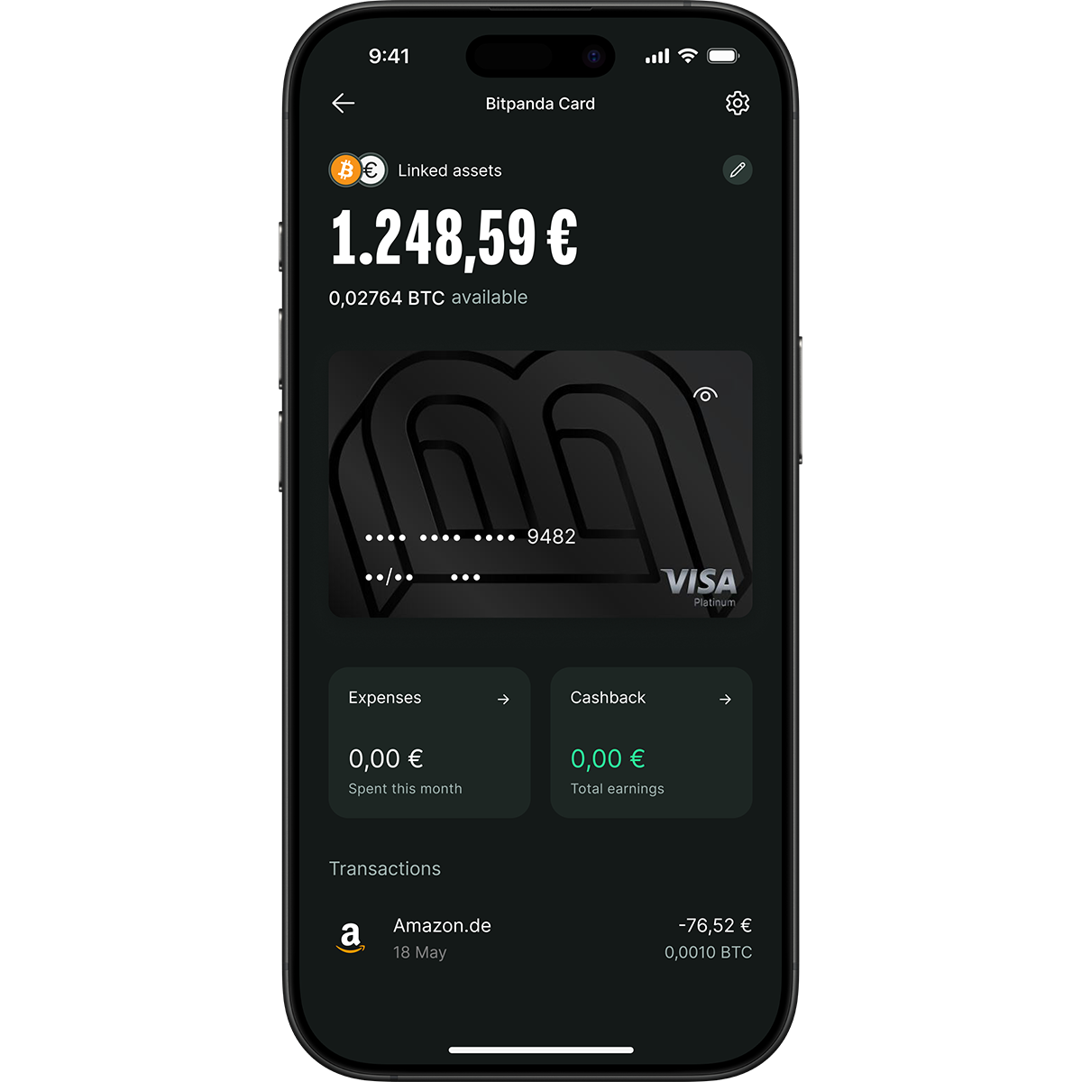 Smartphone screen displaying a Bitpanda card app with linked assets, balance in euros and BTC, expenses, cashback, and recent transactions.