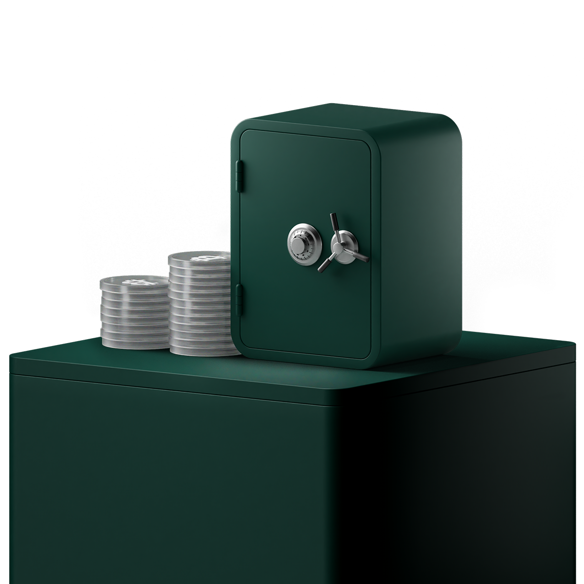 A green safe with a combination lock sits on a table next to neatly stacked silver coins.