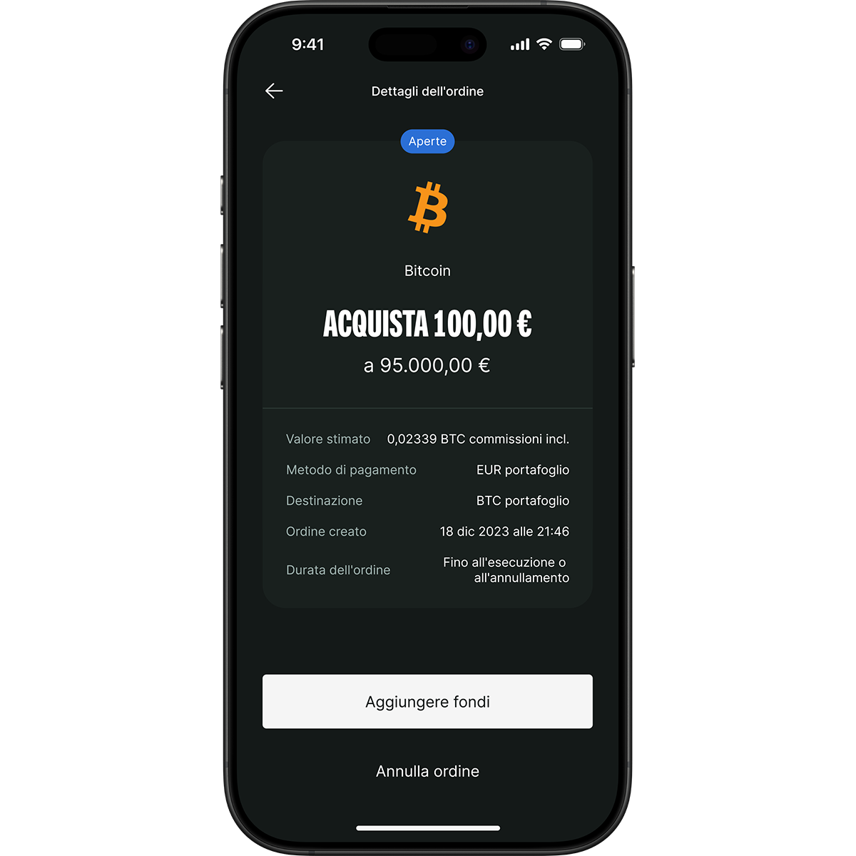 Smartphone screen showing a Bitcoin purchase order for 100,00 € at 95,000.00 €, with options to fund wallet or cancel order.
