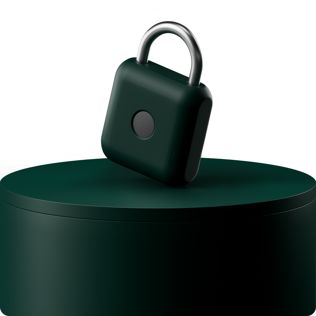 A dark green padlock with a silver shackle is displayed on a matching cylindrical platform against a black background.