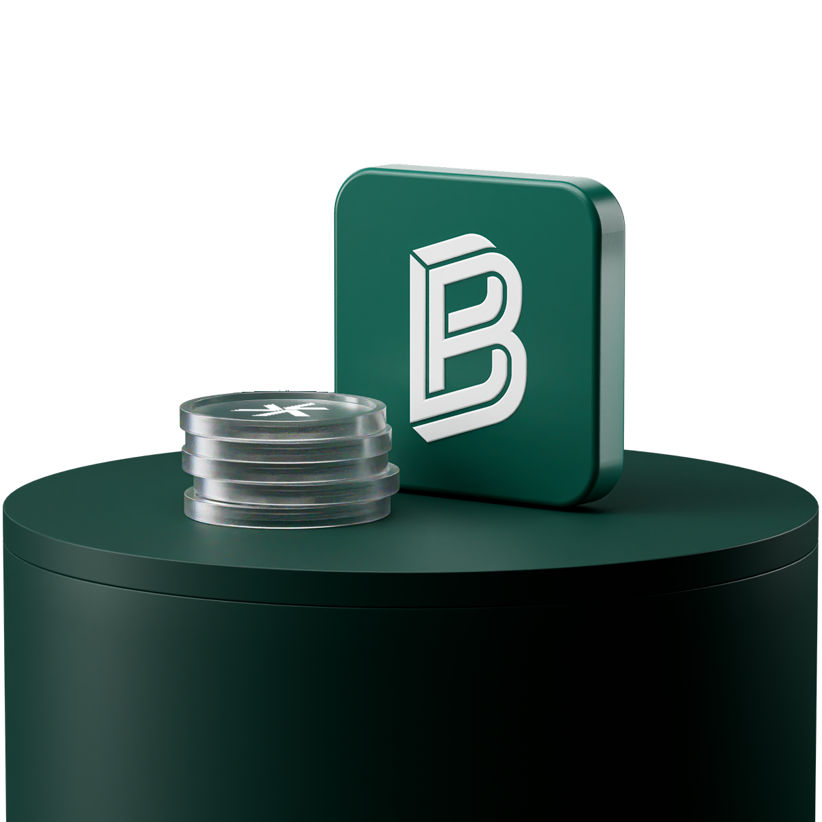 Coins with Vision logo and Bitpanda logo on green step