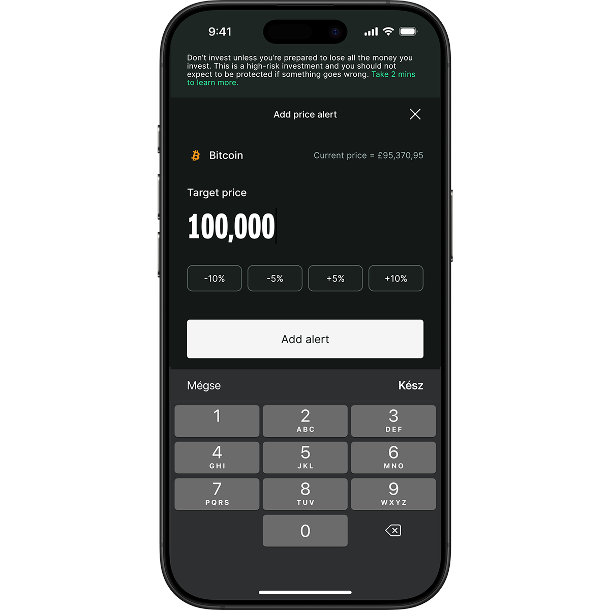 Smartphone screen showing a Bitcoin price alert setup. Target price is 100,000 with options to adjust by ±5%.