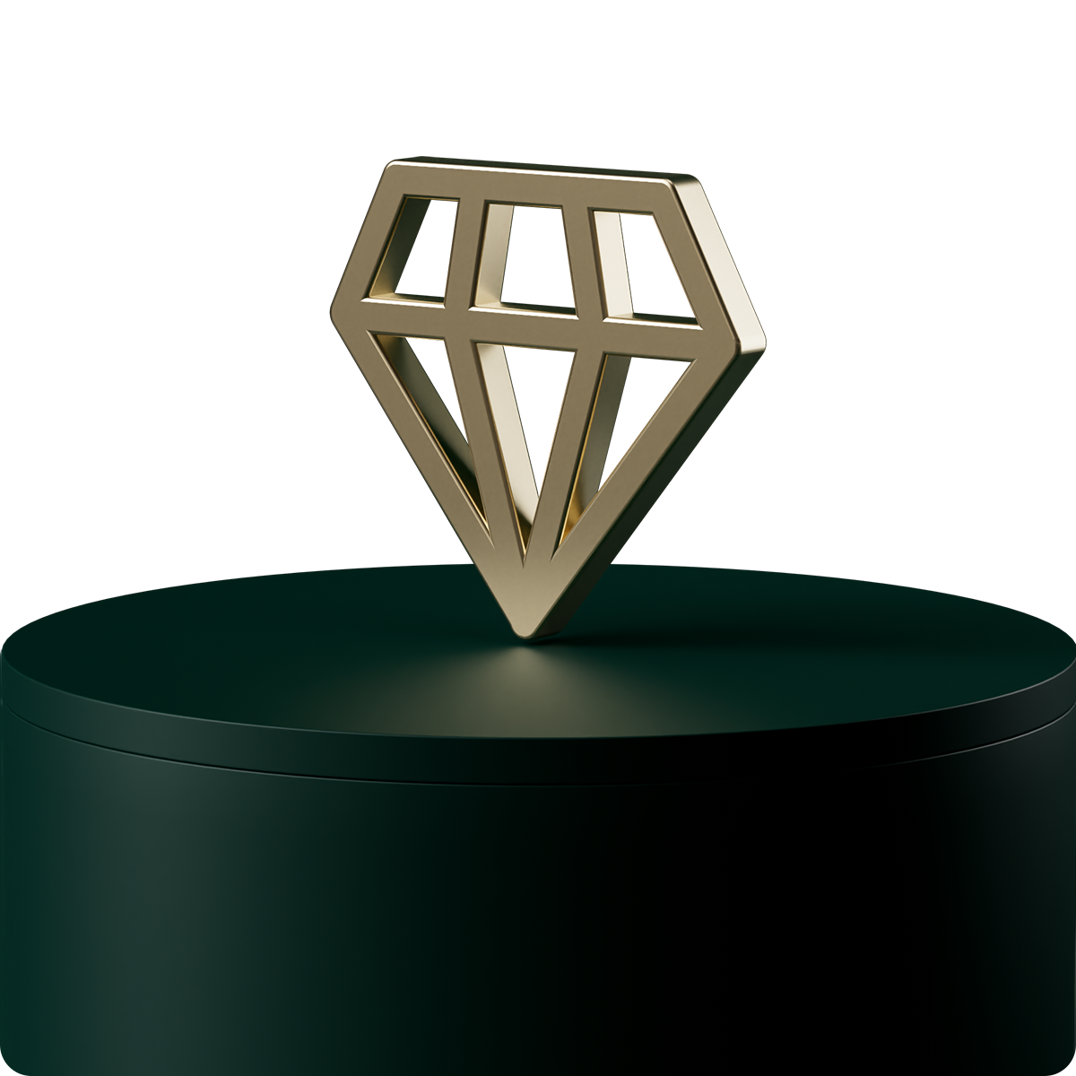 A gold geometric diamond shape stands on a dark green cylindrical pedestal against a black background.