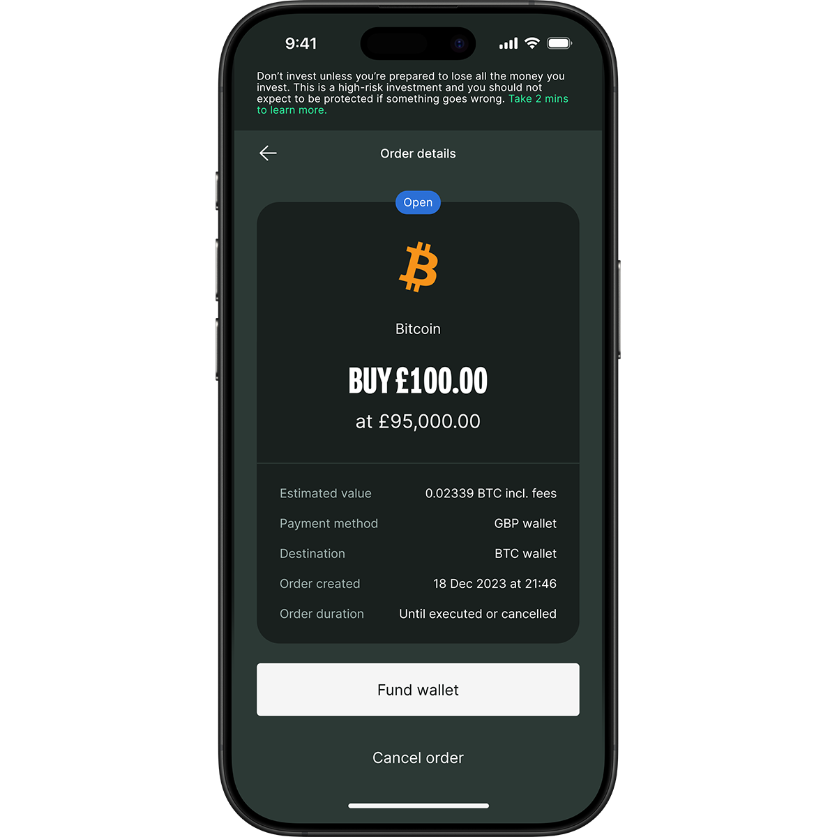 Smartphone screen displaying a Bitcoin purchase order for £100 at £95,000 per Bitcoin. Options to fund wallet or cancel order are visible.