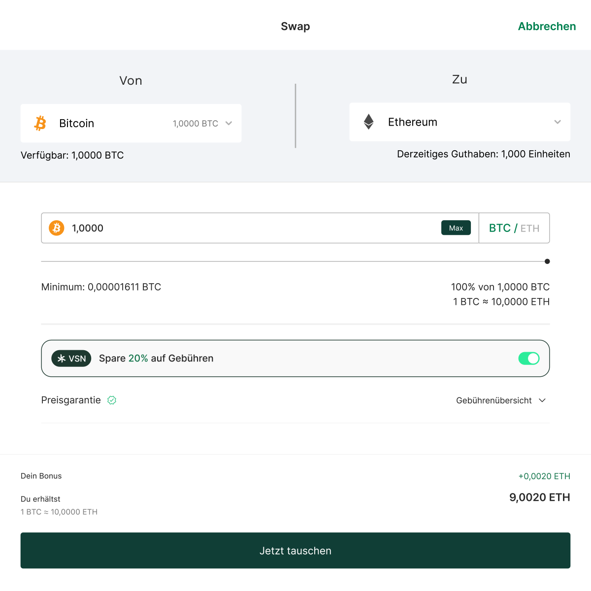 Cryptocurrency swap interface showing conversion from 1 Bitcoin to Ethereum, with details on exchange rate, fees, and bonus.