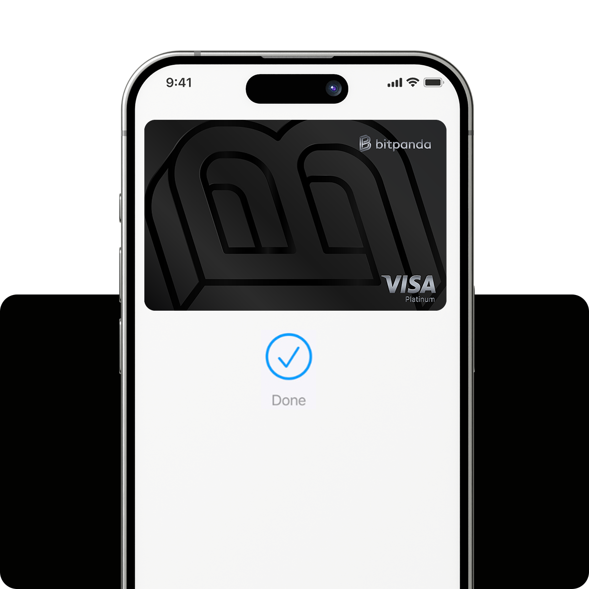 Smartphone displaying a Bitpanda Visa Platinum card with a "Done" checkmark below, indicating successful setup or transaction.