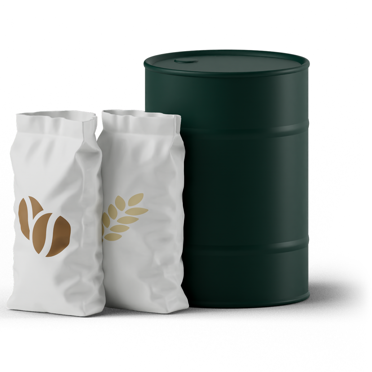 Two white bags with grain symbols next to a large green barrel.