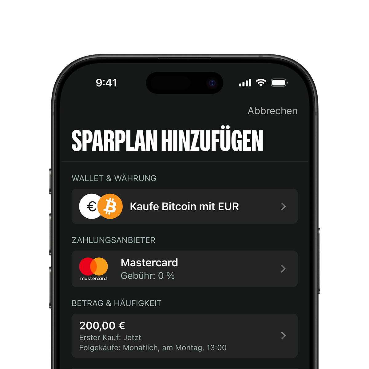 Smartphone screen showing a savings plan setup for buying Bitcoin with EUR via Mastercard. Initial buy of 200.00€, with monthly frequency.