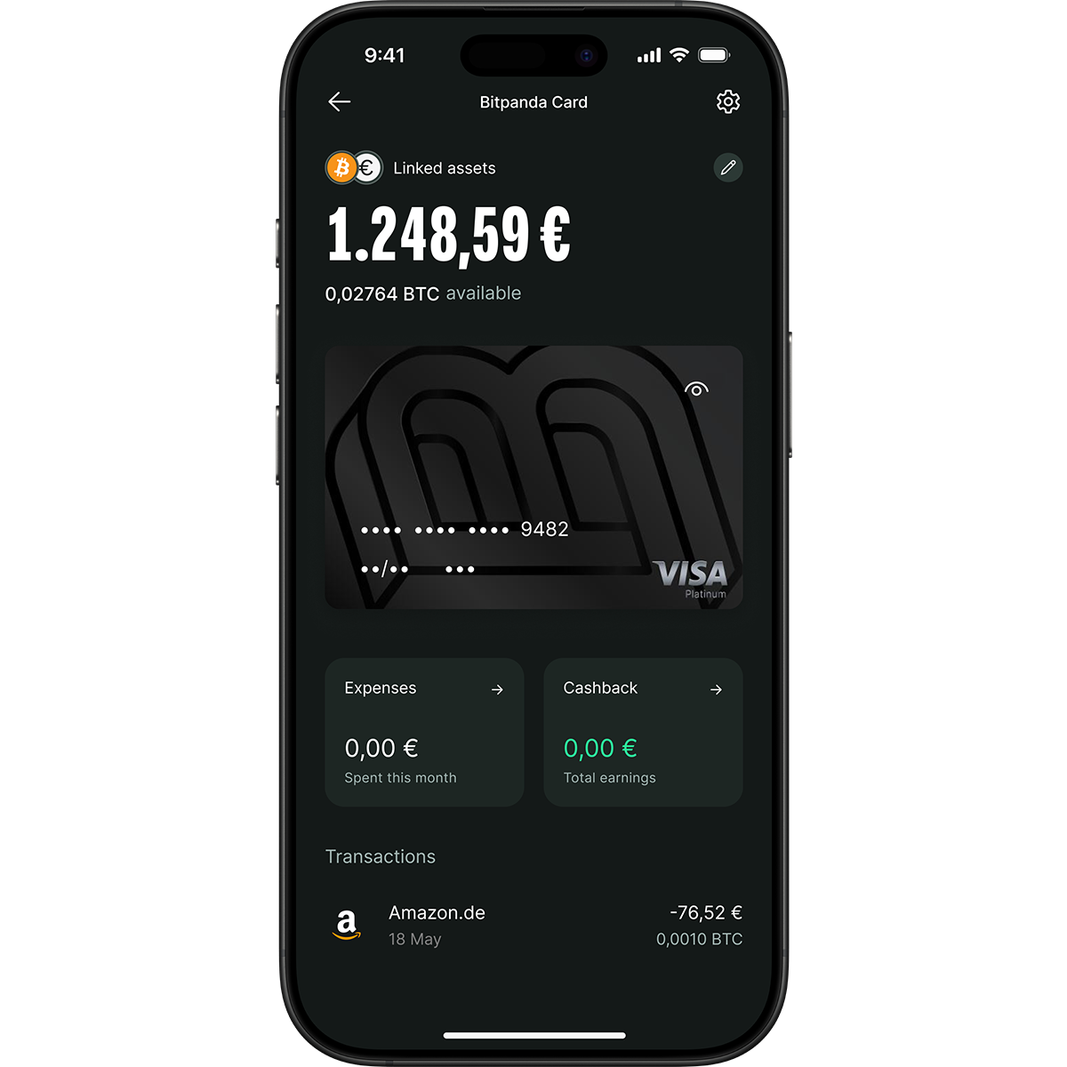 Smartphone screen showing a Bitpanda card app with a balance of €1,248.59, 0.02764 BTC, expenses, cashback, and a transaction from Amazon.de.