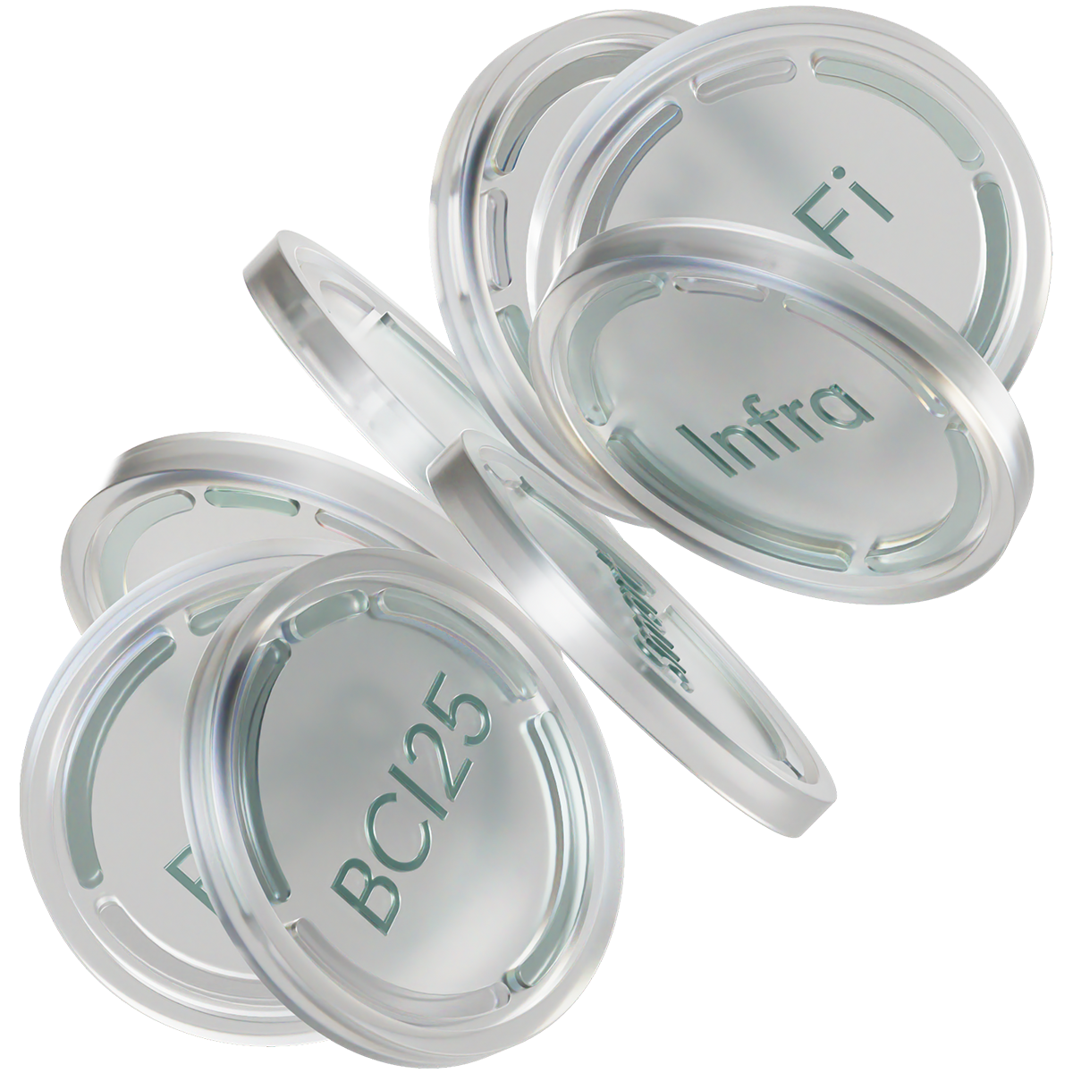 Transparent round containers with green text labels reading "Fi," "Infra," and "BCI25," stacked and overlapping.