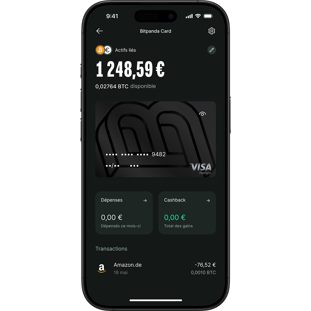 Smartphone screen displaying a financial app with a balance of €1,248.59, linked Bitcoin assets, and recent transactions, including Amazon.de.