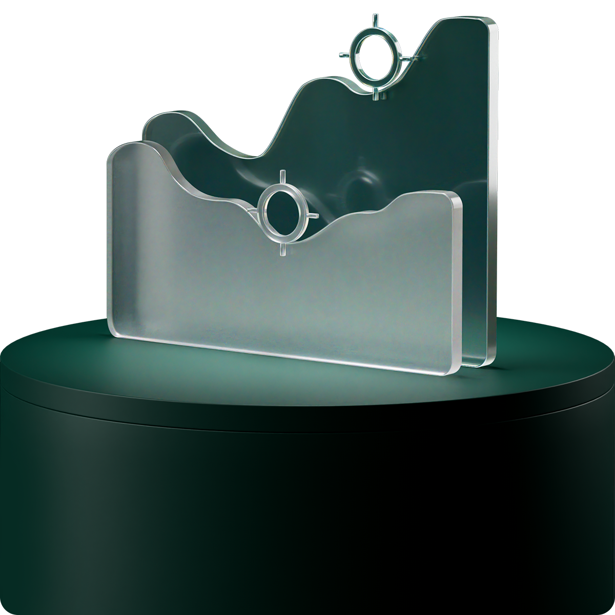 Abstract glass sculpture with wavy, layered design and circular cutouts, displayed on a dark, round pedestal.
