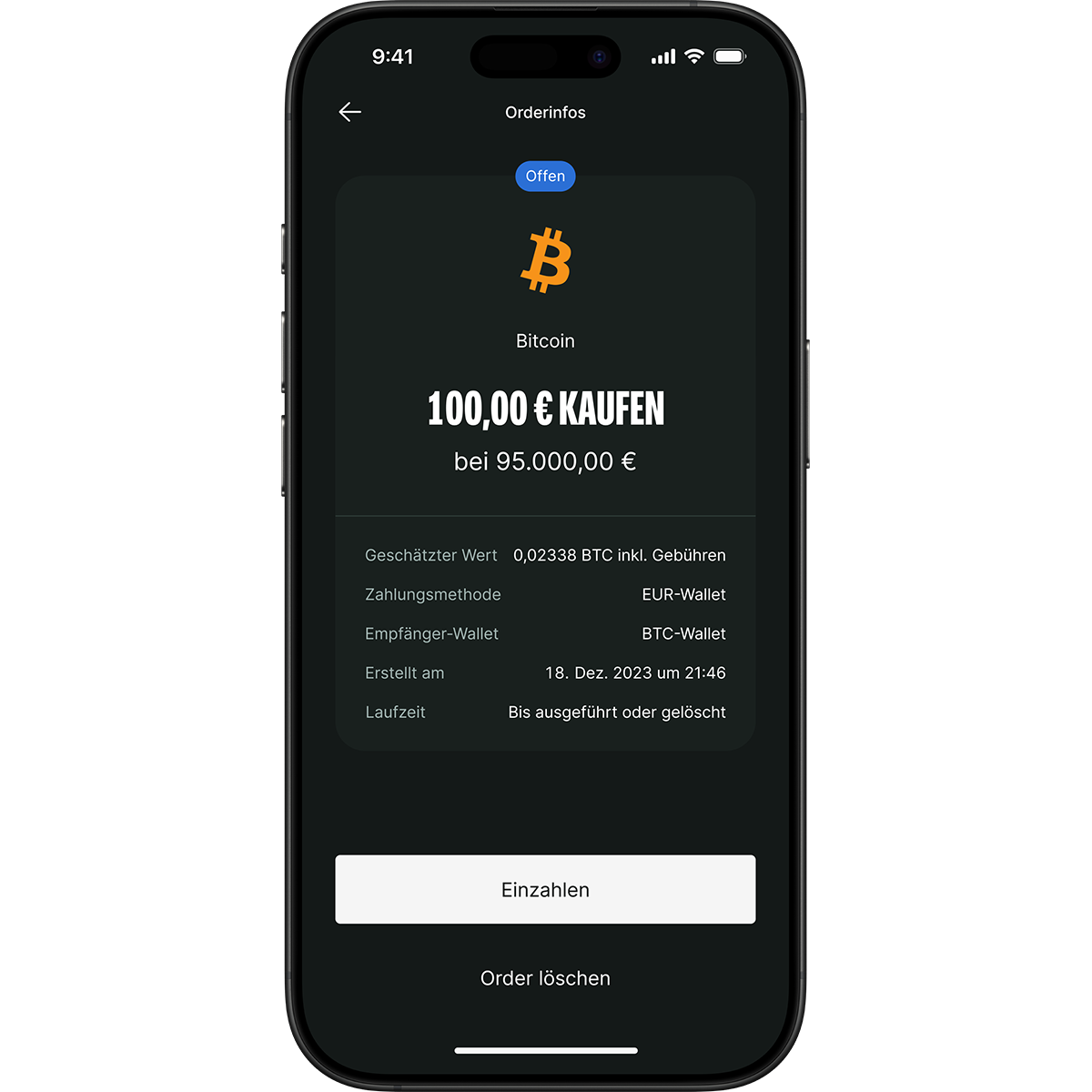 Smartphone screen showing a Bitcoin purchase order for 100,00 € at 95,000.00 €, with options to fund wallet or cancel order.