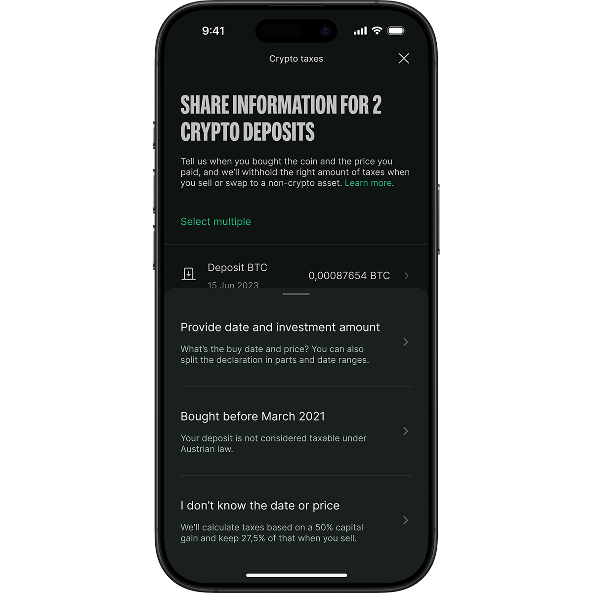 Smartphone screen displaying a crypto tax app interface, showing deposit details for Bitcoin, with options for providing date and investment amount.