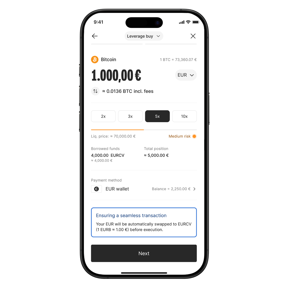 Smartphone screen showing a Bitcoin trading app interface with options for leverage, payment method, and transaction details in euros.