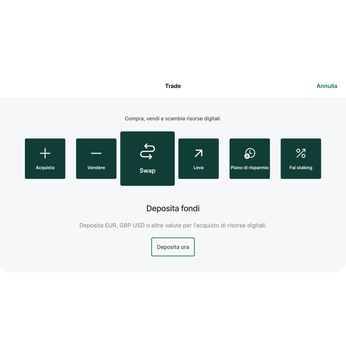 Trading interface showing options: Buy, Sell, Swap, Leverage, Savings Plan, Stake. Button below reads "Deposit now" for currency deposits.