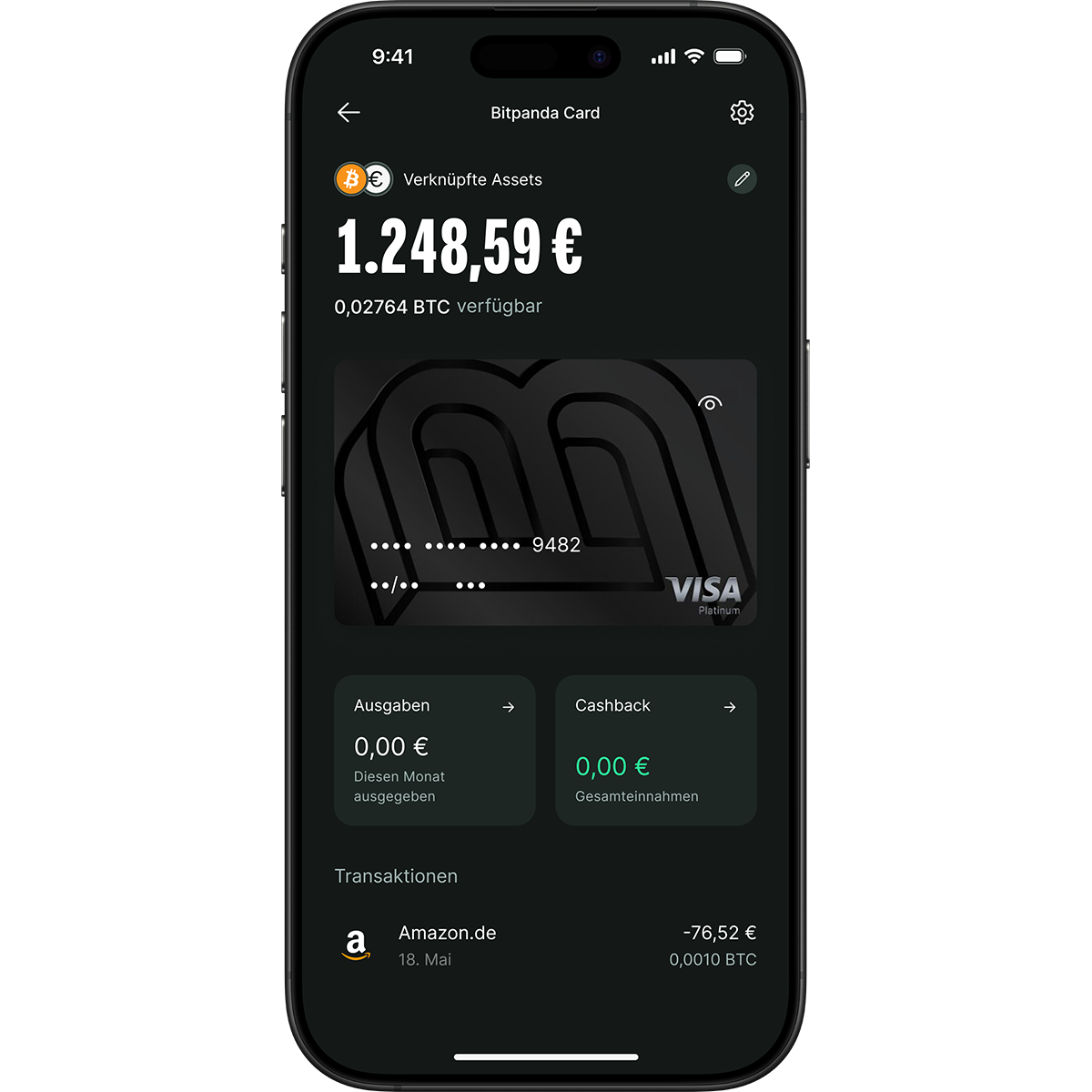 Smartphone screen displaying a Bitpanda card app with linked assets, balance in euros and BTC, expenses, cashback, and recent transactions.