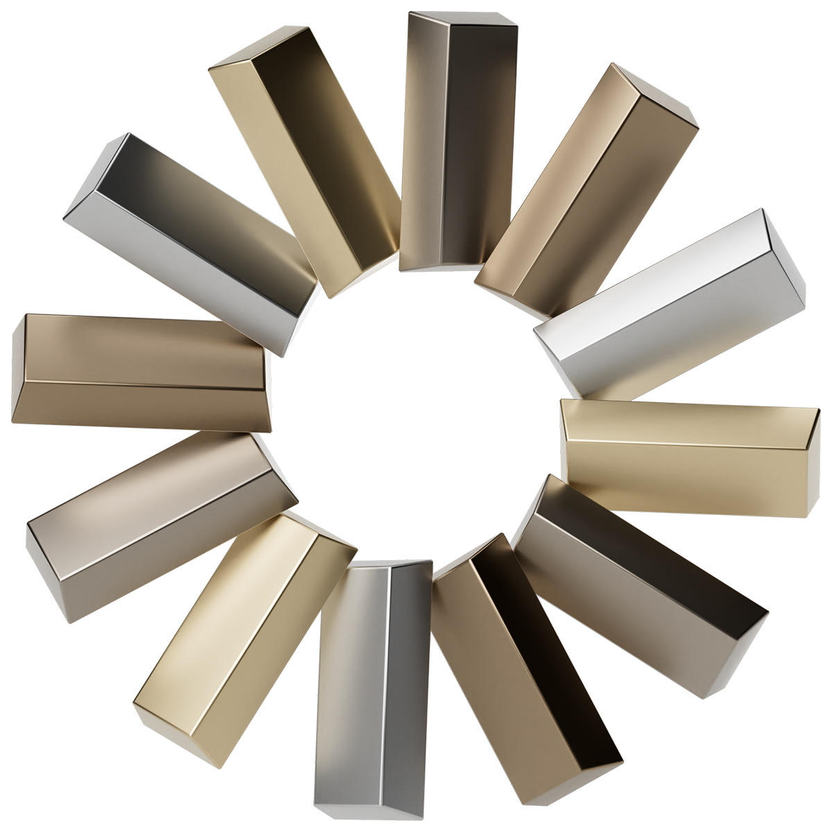 A circle of metallic gold and silver rectangular boxes arranged upright against a white background.