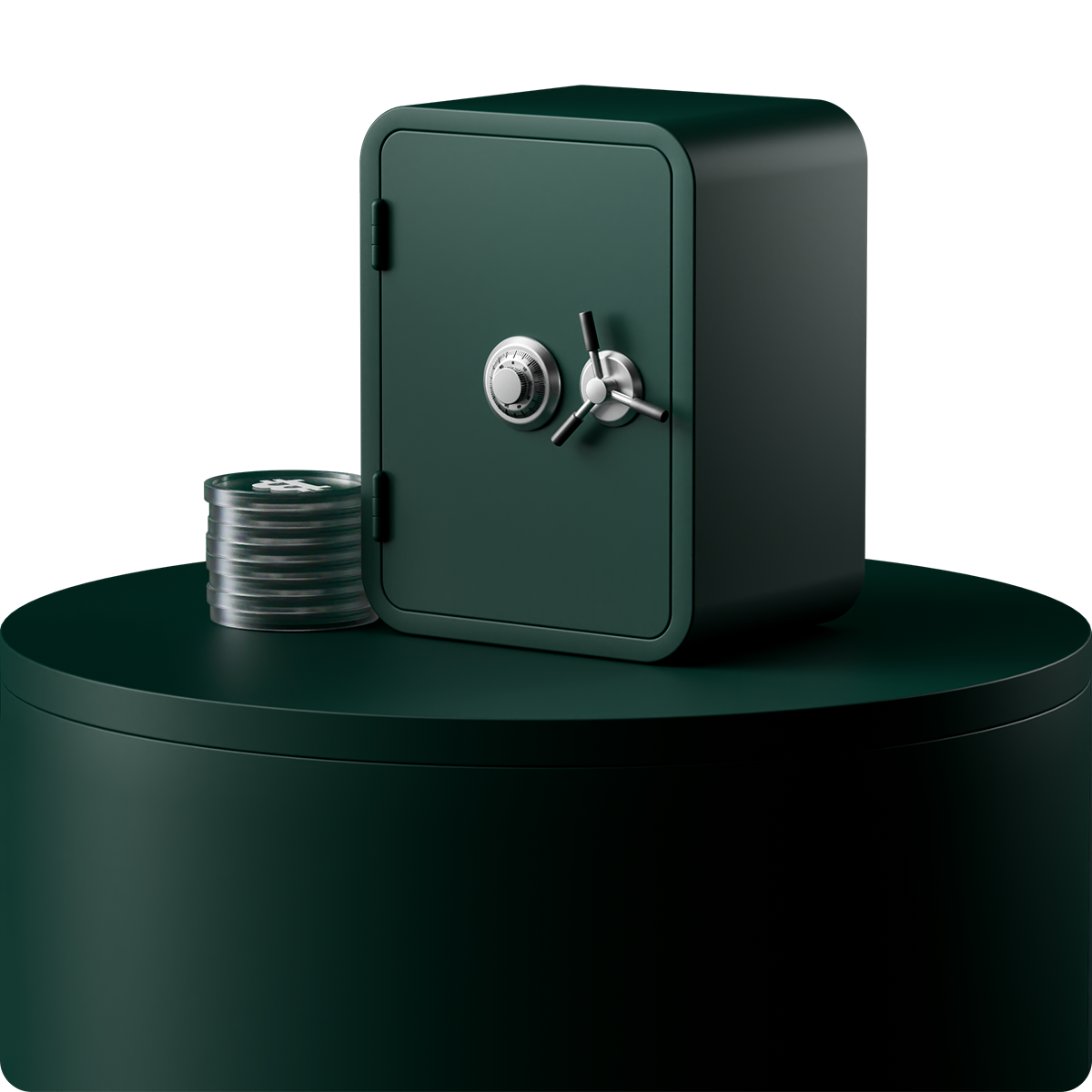 Green safe with bitcoins next to it on a green stand