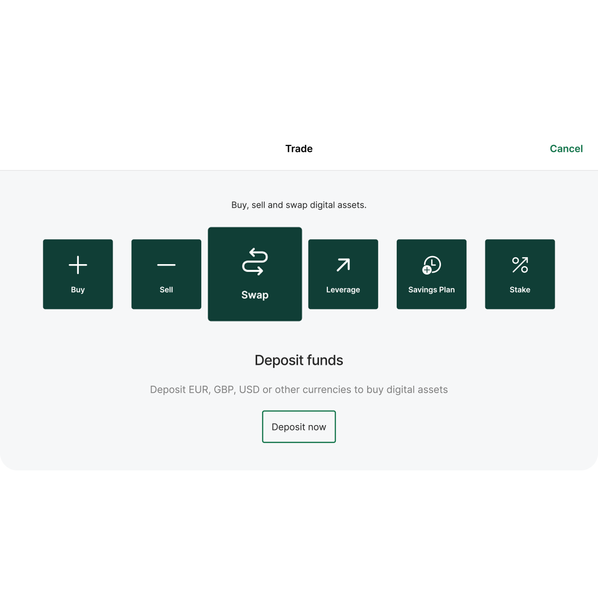 Trading interface showing options: Buy, Sell, Swap, Leverage, Savings Plan, Stake. Button below reads "Deposit now" for currency deposits.