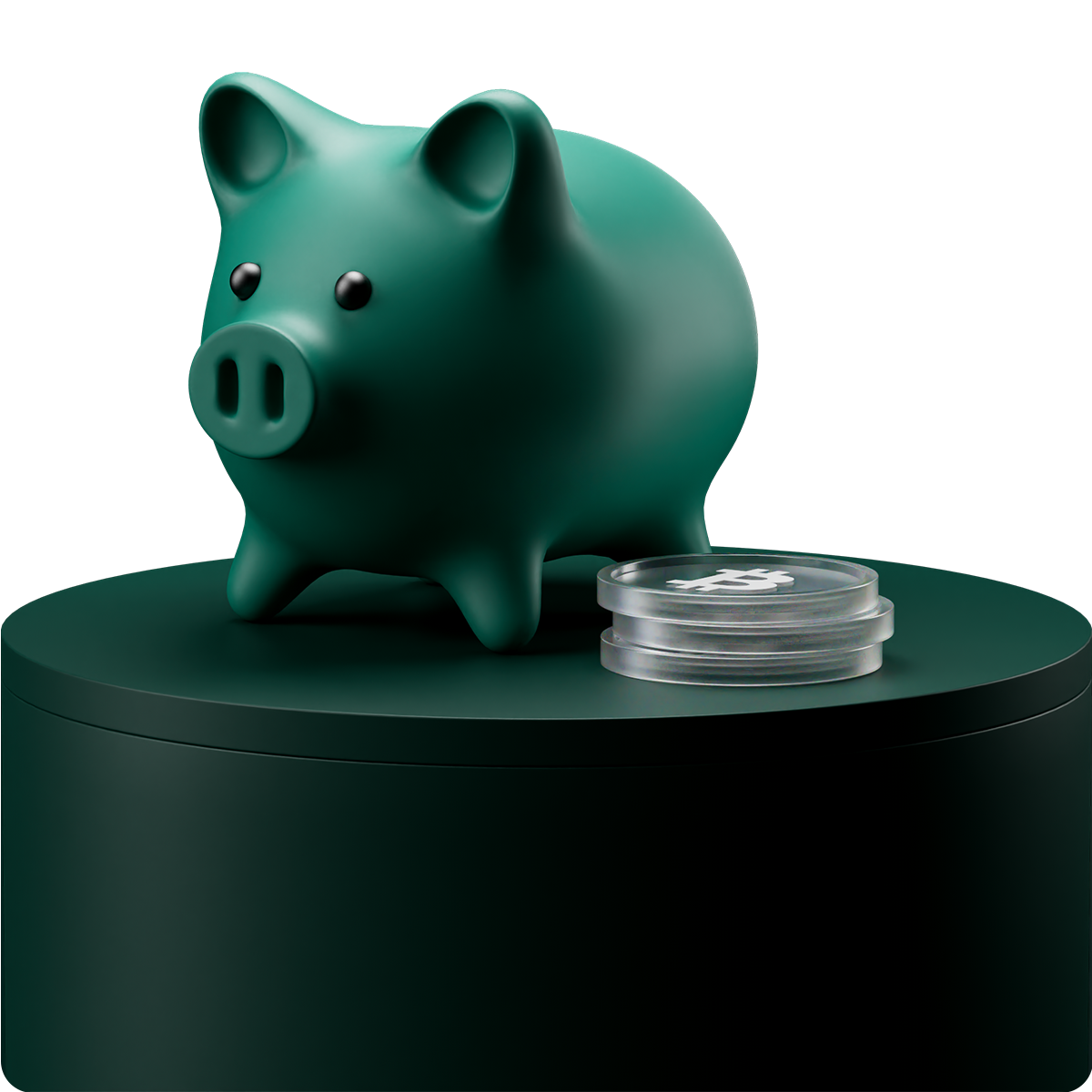 Green piggy bank on a dark green pedestal next to a stack of transparent coins, featuring a Bitcoin symbol on top.