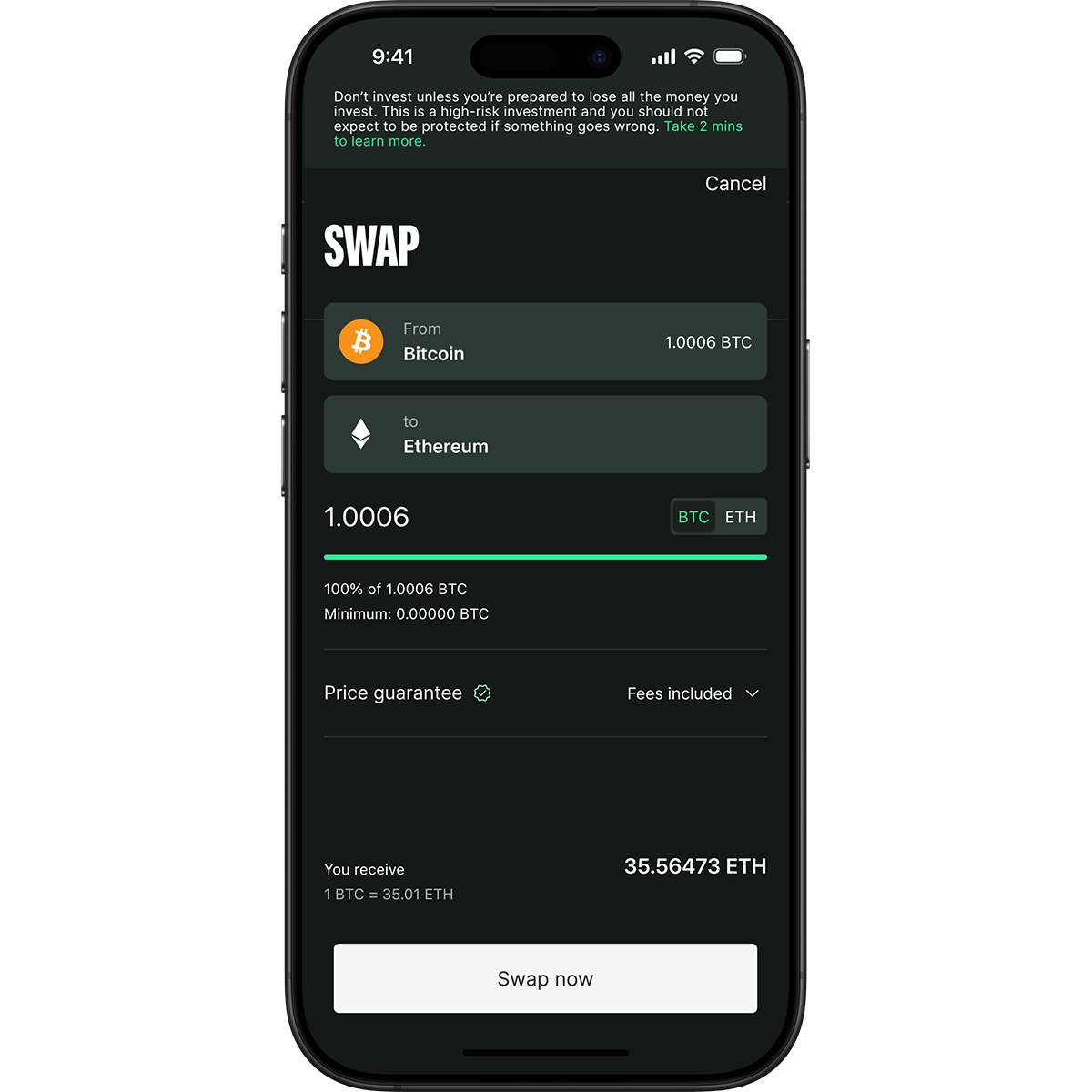 Smartphone screen displaying a cryptocurrency swap interface, showing 1.0006 BTC to Ethereum exchange with price guarantee and fees included.